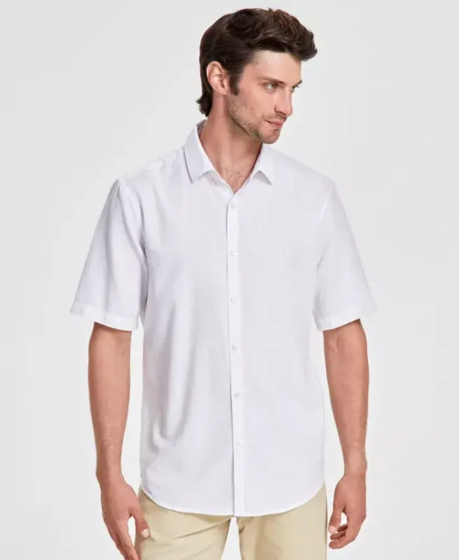 Men's Short-Sleeve Solid Textured Shirt, Created for Modazone-Bright White - ALFANI