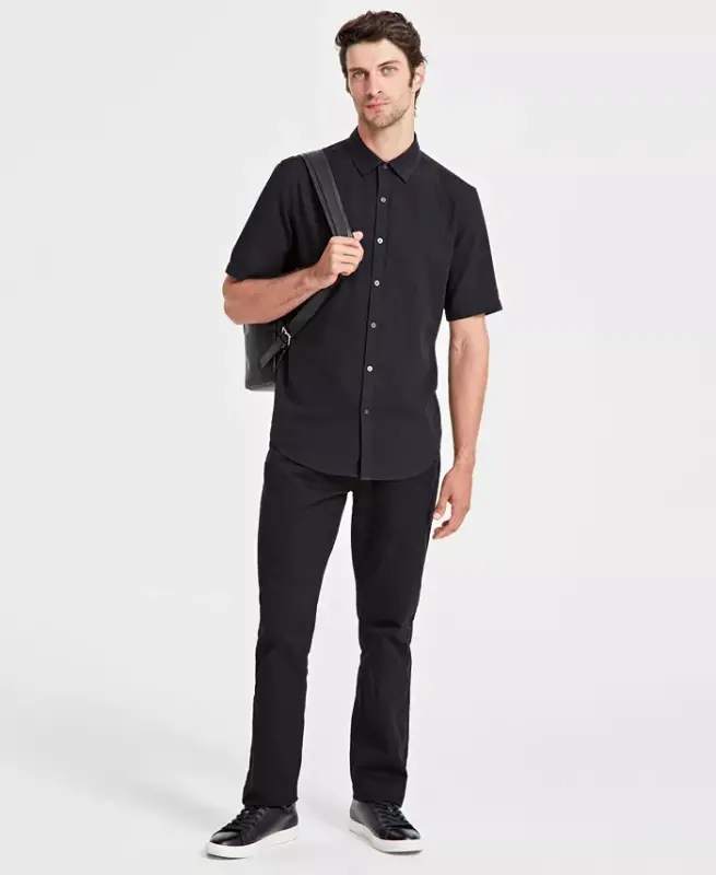 Men's Short-Sleeve Solid Textured Shirt, Created for Modazone-Deep Black - ALFANI