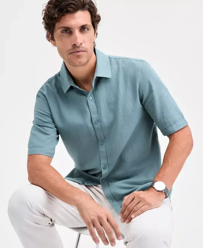 Men's Short-Sleeve Solid Textured Shirt, Created for Modazone - Green Pepper - ALFANI