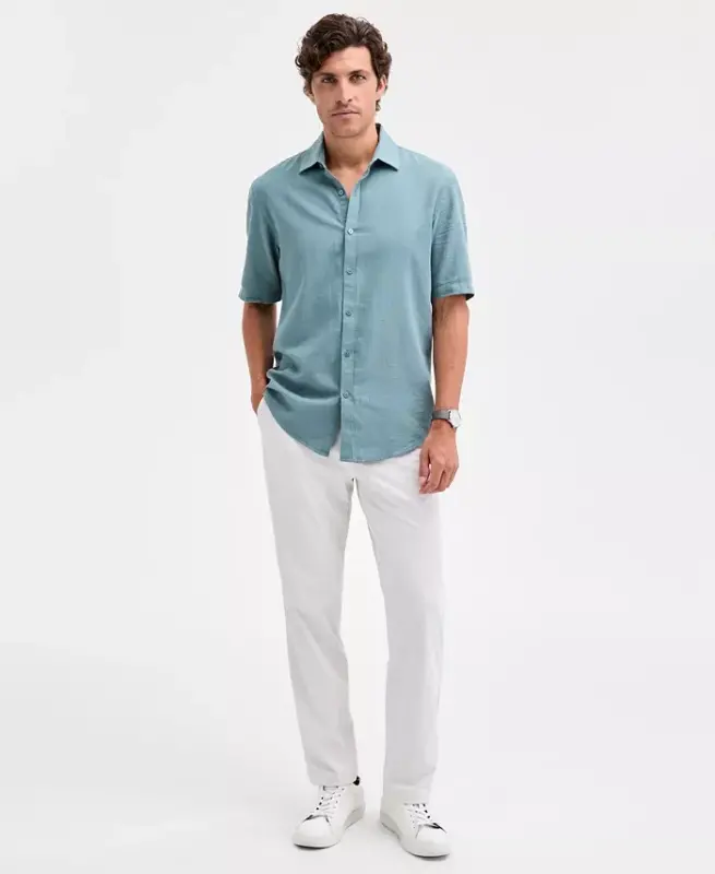 Men's Short-Sleeve Solid Textured Shirt, Created for Modazone - Green Pepper - 2