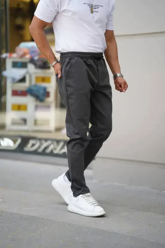 Men's Side Pocket Elastic Waist Drawstring Double Hem Relaxed Fit Jogger Pants-ANTHRACITE - 1