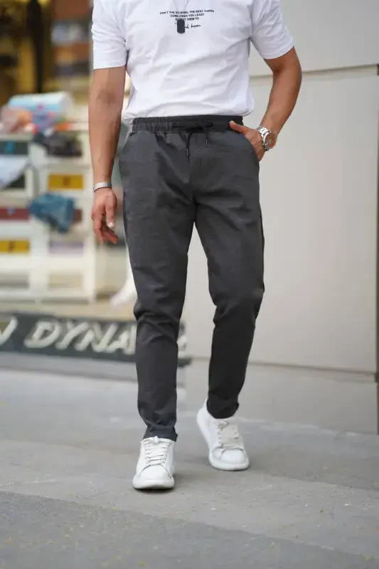 Men's Side Pocket Elastic Waist Drawstring Double Hem Relaxed Fit Jogger Pants-ANTHRACITE - 2