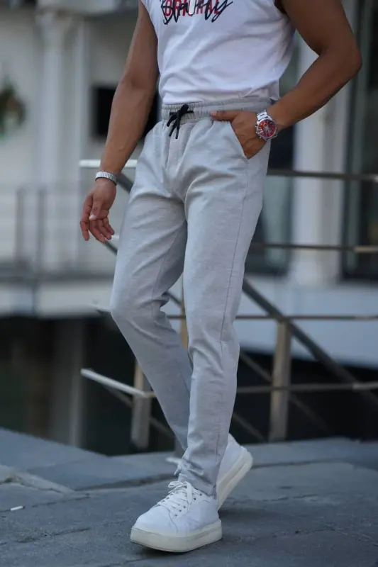Men's Side Pocket Elastic Waist Drawstring Double Hem Relaxed Fit Jogger Pants-LIGHT GRAY - 1