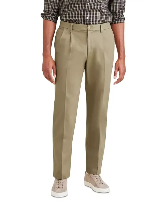 Men's Signature Classic Fit Pleated Iron Free Pants with Stain Defender-New British Khaki - DOCKERS