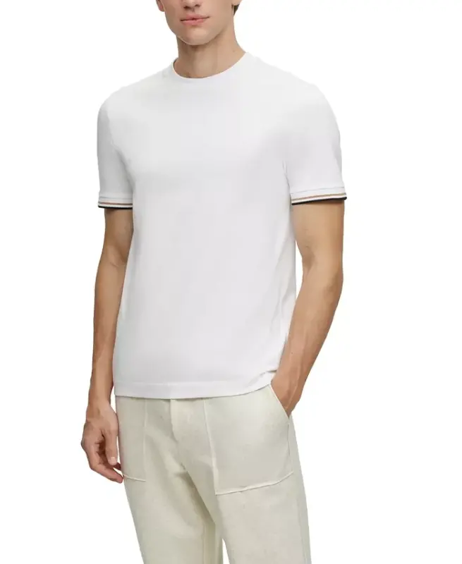 Men's Signature-Stripe Cuffs T-shirt - White - HUGO BOSS