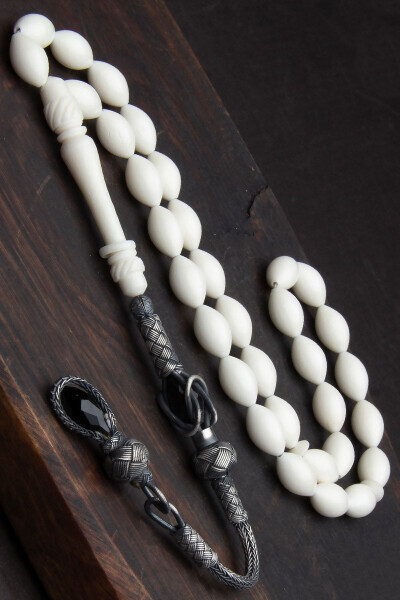 Men's Silver Tassel Barley Cut Camel Bone Prayer Beads - OTTOTESBİH