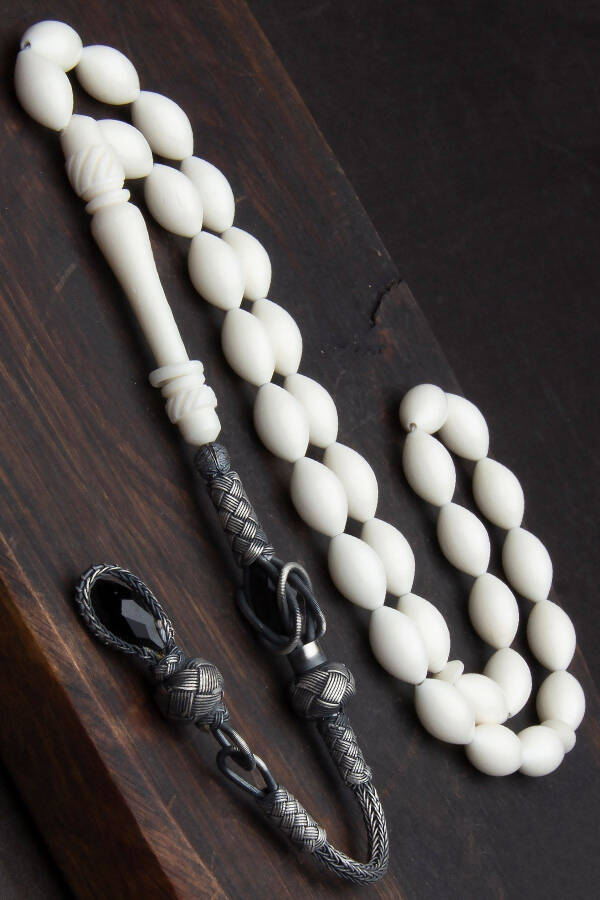 Men's Silver Tassel Barley Cut Camel Bone Prayer Beads - 1