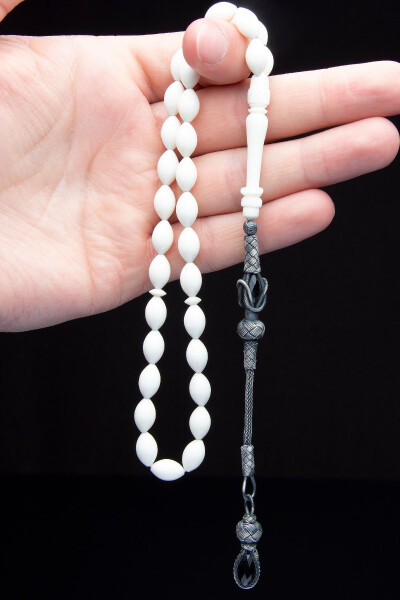 Men's Silver Tassel Barley Cut Camel Bone Prayer Beads - 2