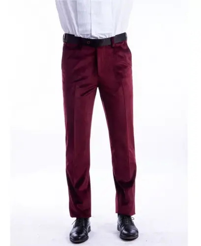 Men's Skinny Modern Fit Velvet Tuxedo Dress Pants-Burgundy - 1