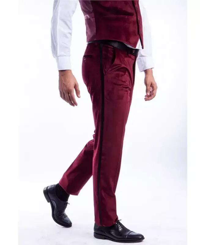 Men's Skinny Modern Fit Velvet Tuxedo Dress Pants-Burgundy - 2