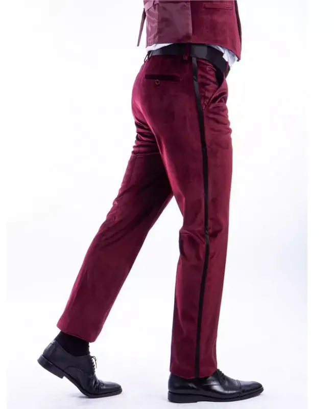 Men's Skinny Zamonaviy Fit Velvet Smoking Shim-Burgundi - 3