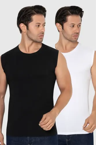 Men's Sleeveless T-Shirt Tank Top White Black Cotton Lycra 2-Pack - 1