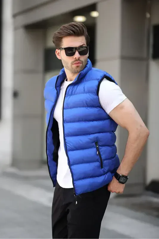 Men's Sleeveless Zippered Pocket Basic Blue Padded Vest-SAXE BLUE - TREND YAŞAR