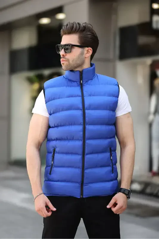 Men's Sleeveless Zippered Pocket Basic Blue Padded Vest-SAXE BLUE - 2
