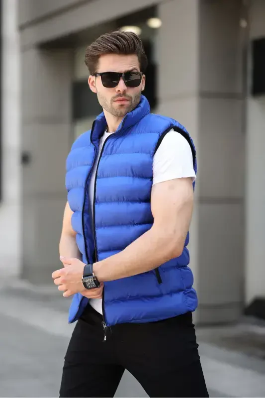 Men's Sleeveless Zippered Pocket Basic Blue Padded Vest-SAXE BLUE - 3
