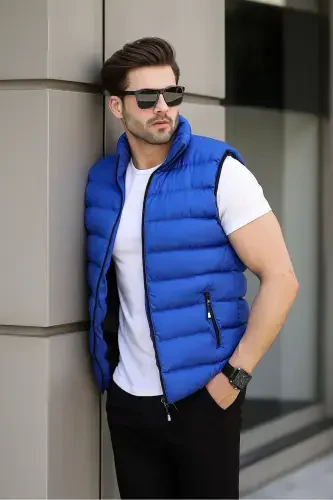 Men's Sleeveless Zippered Pocket Basic Blue Padded Vest-SAXE BLUE - 4