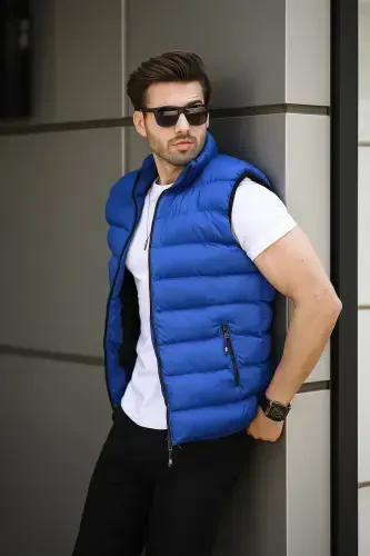 Men's Sleeveless Zippered Pocket Basic Blue Padded Vest-SAXE BLUE - 5