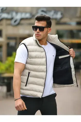 Men's Sleeveless Zippered Pocket Basic Cream Padded Vest-CREAM - 1