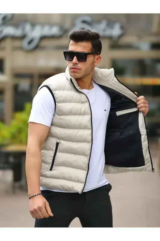 Men's Sleeveless Zippered Pocket Basic Cream Padded Vest-CREAM - 1