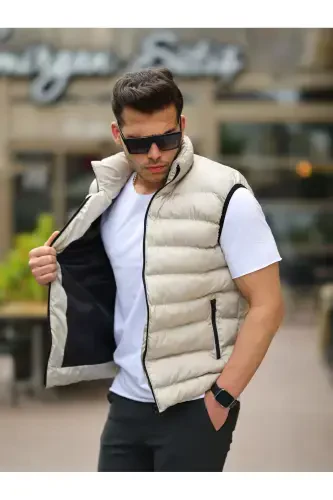 Men's Sleeveless Zippered Pocket Basic Cream Padded Vest-CREAM - TREND YAŞAR (1)