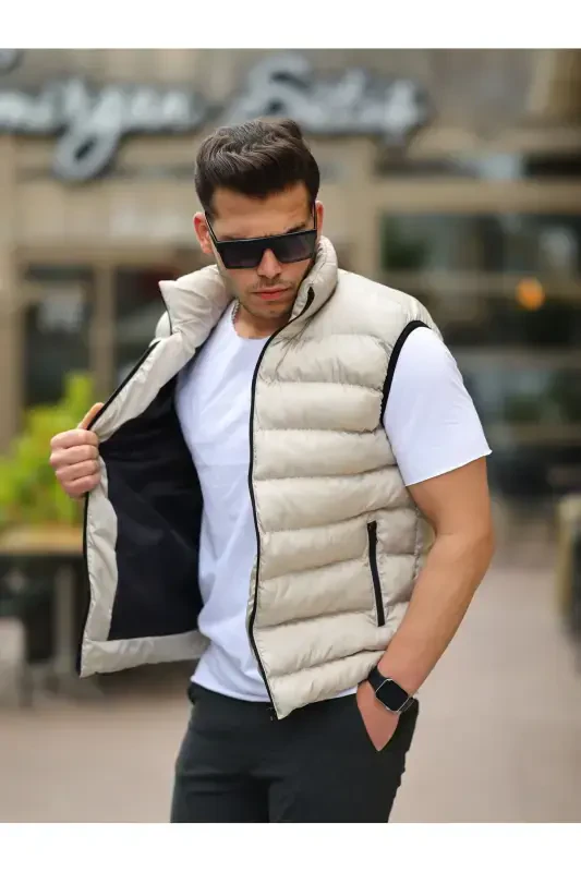 Men's Sleeveless Zippered Pocket Basic Cream Padded Vest-CREAM - 2