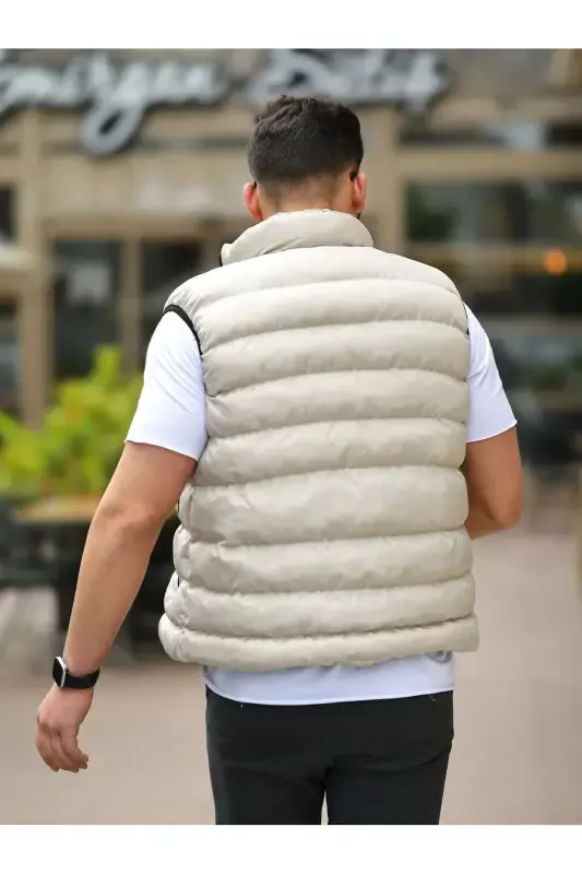 Men's Sleeveless Zippered Pocket Basic Cream Padded Vest-CREAM - 4