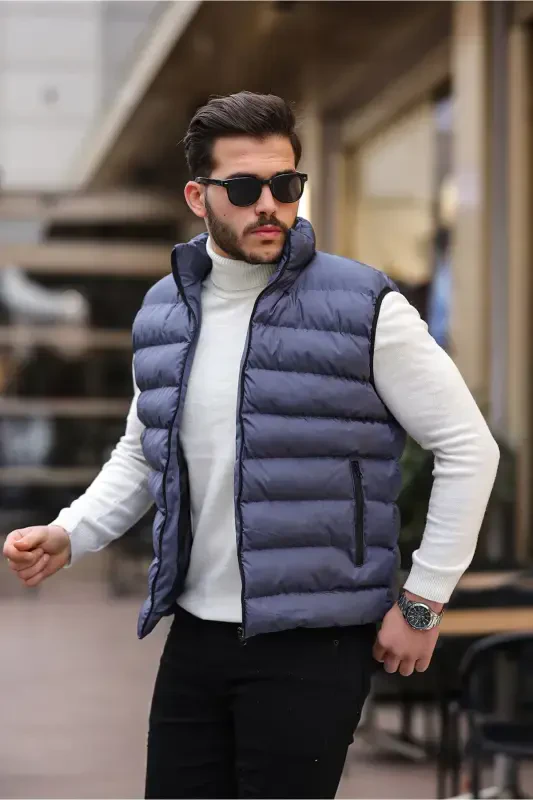 Men's Sleeveless Zippered Pocket Basic D.Gray Puffer Vest-D.GRAY - 1