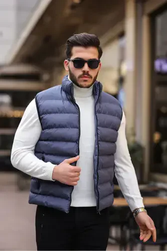 Men's Sleeveless Zippered Pocket Basic D.Gray Puffer Vest-D.GRAY - 2