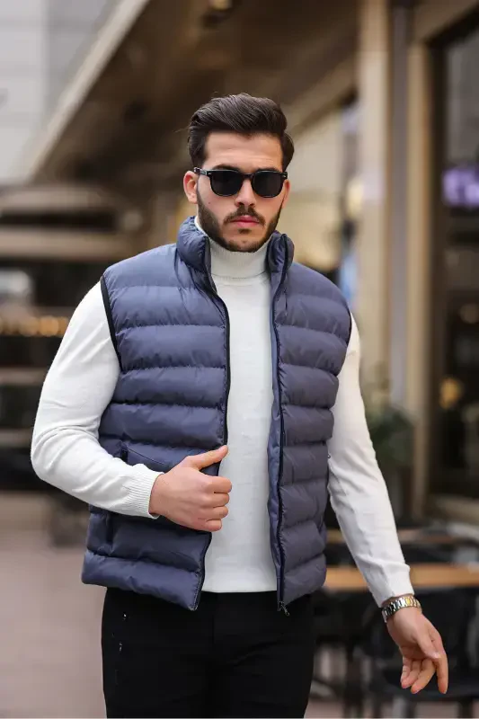 Men's Sleeveless Zippered Pocket Basic D.Gray Puffer Vest-D.GRAY - 2