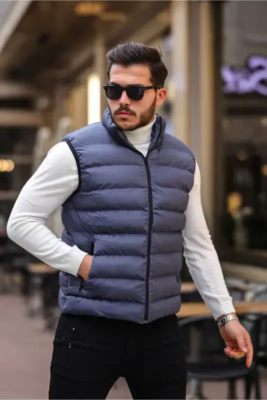 Men's Sleeveless Zippered Pocket Basic D.Gray Puffer Vest-D.GRAY - 3