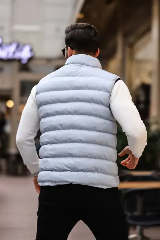 Men's Sleeveless Zippered Pocket Basic Gray Puffer Vest-GRAY - 4