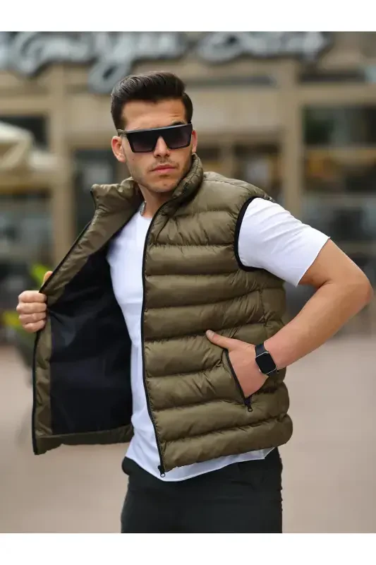 Men's Sleeveless Zippered Pocket Basic Khaki Padded Vest-KHAKI - TREND YAŞAR