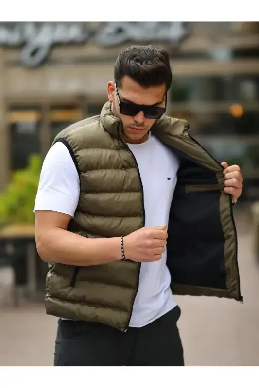 Men's Sleeveless Zippered Pocket Basic Khaki Padded Vest-KHAKI - 2