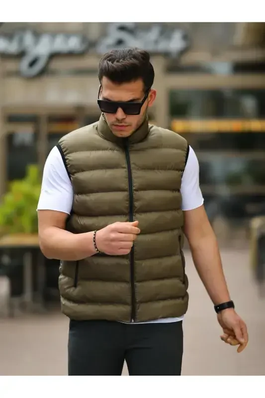 Men's Sleeveless Zippered Pocket Basic Khaki Padded Vest-KHAKI - 3