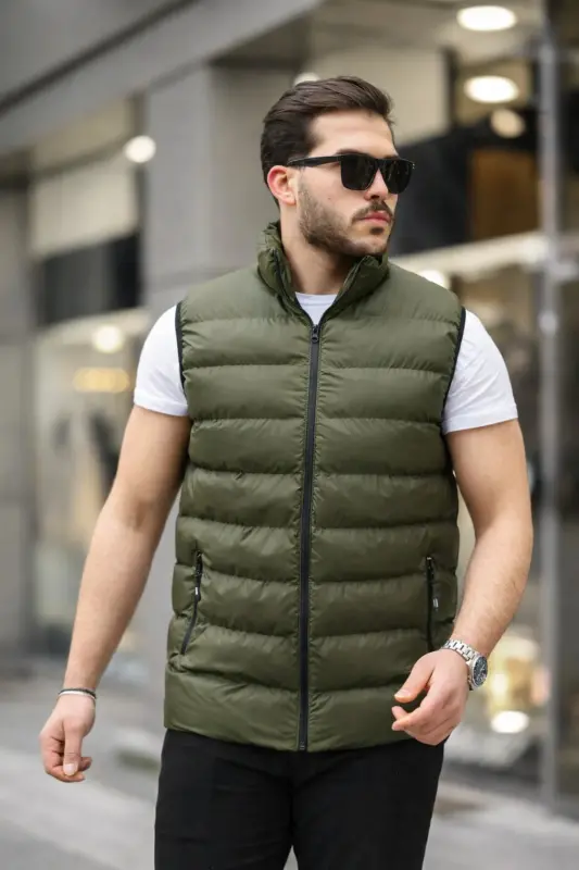 Men's Sleeveless Zippered Pocket Basic Khaki Padded Vest-KHAKI - TREND YAŞAR