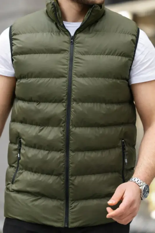 Men's Sleeveless Zippered Pocket Basic Khaki Padded Vest-KHAKI - 4