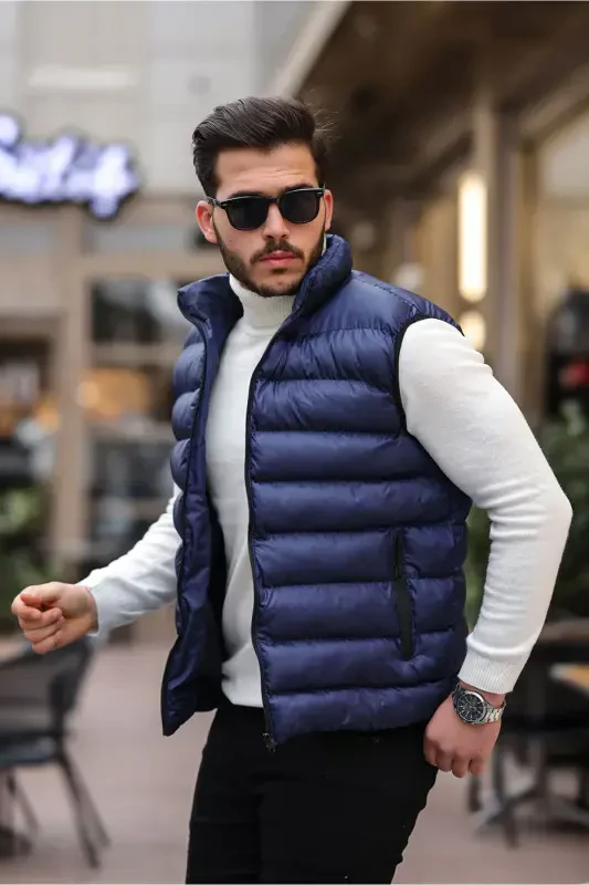 Men's Sleeveless Zippered Pocket Basic Navy Puffer Vest-NAVY - TREND YAŞAR