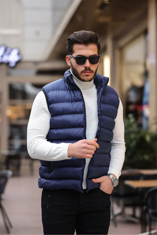 Men's Sleeveless Zippered Pocket Basic Navy Puffer Vest-NAVY - 2