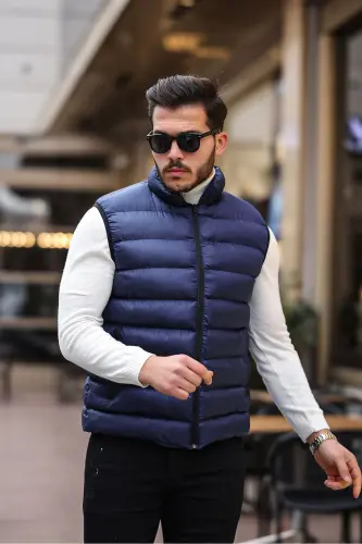 Men's Sleeveless Zippered Pocket Basic Navy Puffer Vest-NAVY - 3