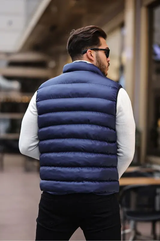 Men's Sleeveless Zippered Pocket Basic Navy Puffer Vest-NAVY - 4