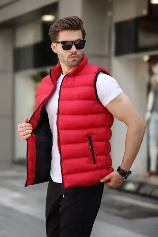 Men's Sleeveless Zippered Pocket Basic Red Padded Vest-RED - TREND YAŞAR