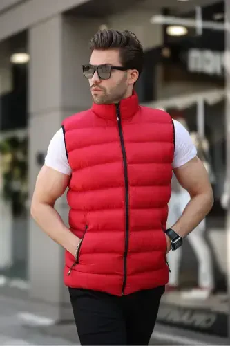 Men's Sleeveless Zippered Pocket Basic Red Padded Vest-RED - TREND YAŞAR (1)
