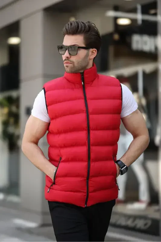 Men's Sleeveless Zippered Pocket Basic Red Padded Vest-RED - 2