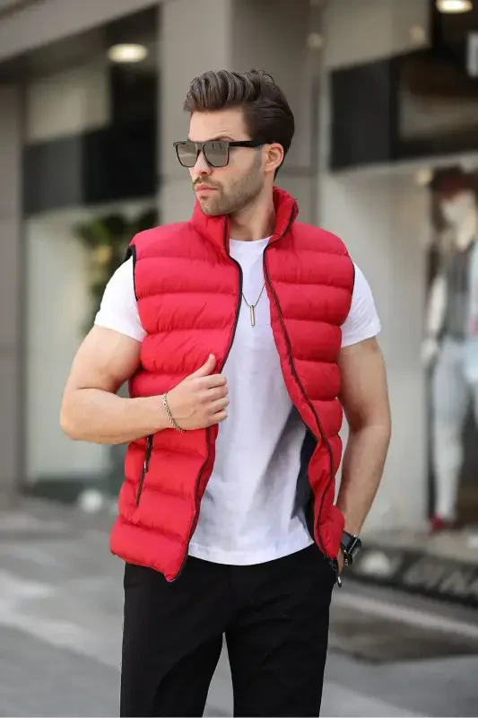 Men's Sleeveless Zippered Pocket Basic Red Padded Vest-RED - 3