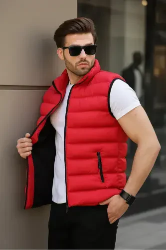 Men's Sleeveless Zippered Pocket Basic Red Padded Vest-RED - 4