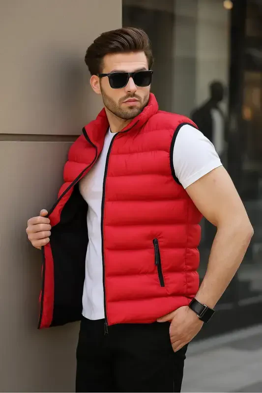 Men's Sleeveless Zippered Pocket Basic Red Padded Vest-RED - 4