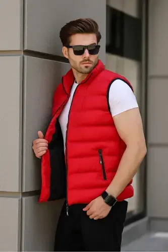 Men's Sleeveless Zippered Pocket Basic Red Padded Vest-RED - 5