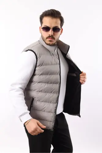 Men's Sleeveless Zippered Pocket Basic Smoke Gray Padded Vest-TOPRAK 