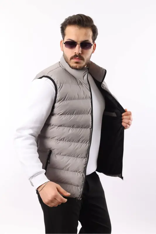 Men's Sleeveless Zippered Pocket Basic Smoke Gray Padded Vest-TOPRAK - 1