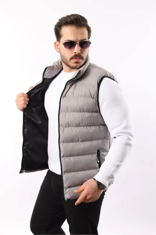 Men's Sleeveless Zippered Pocket Basic Smoke Gray Padded Vest-TOPRAK - 2